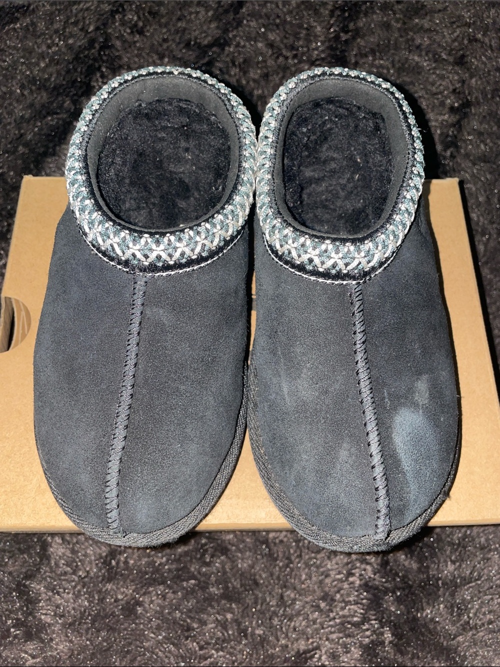 UGG Kids Black Suede Cozy Slip-On Slippers